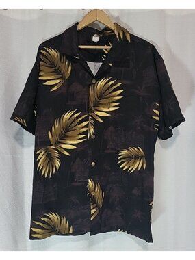 Palmwave Hawaii Men's XL Hawaiian Aloha Shirt Black Palm Leaf Tropical Resort